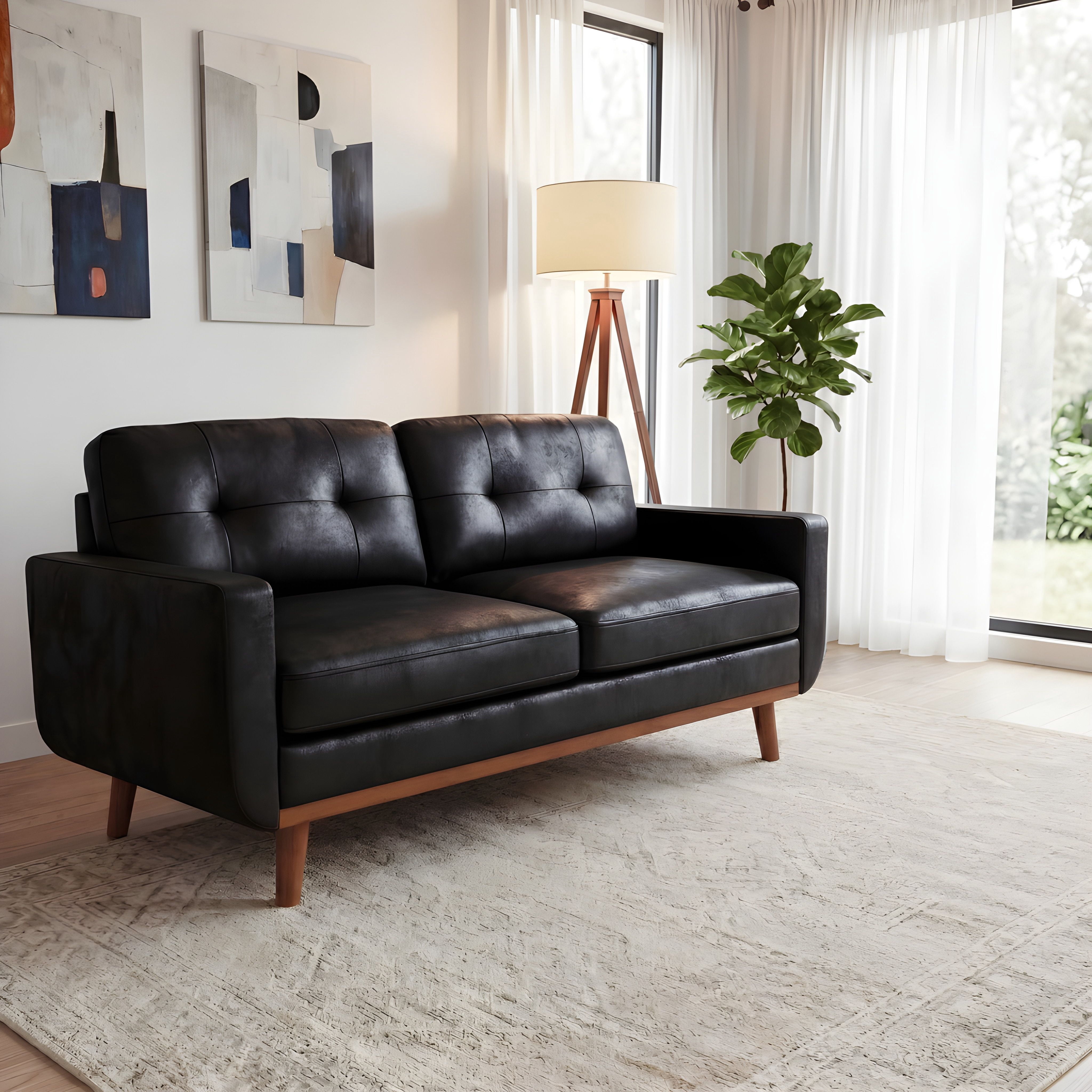 Lunale 65" Loveseat Sofa for Small Space, Modern Cozy 2-Seater Upholstered Couch with Wood Legs, Black Faux Leather