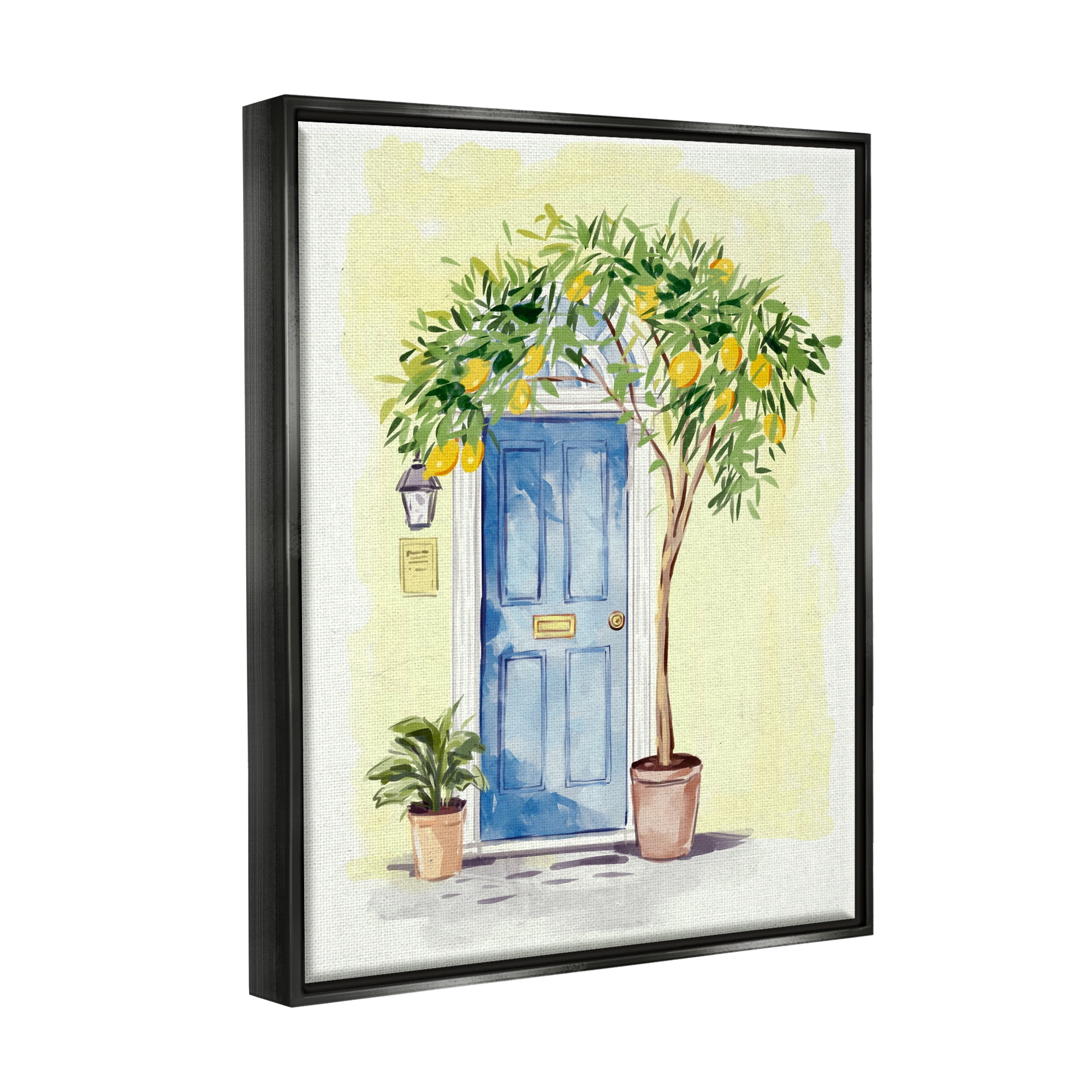 Stupell Industries Lemon Tree in Doorway Food & Beverage Painting Black Floater Framed Canvas Art Print Wall Art, 17 x 21