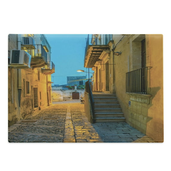 Sicily Cutting Board, Narrow Alley Street Buildings Italian Island at Evening Time Historic and Romantic, Decorative Tempered Glass Cutting and Serving Board, in 3 Sizes, by Ambesonne