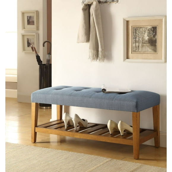 Banc Charla ACME tissu bleu et fini chêne