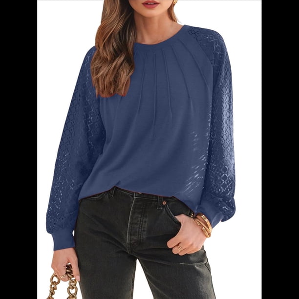 Camisas de Larga para Mujer, Blusas de Encaje, Ropa Informal de Negocios, Moda de Otoño, Blusas Tejidas Y2k Azul Marino L