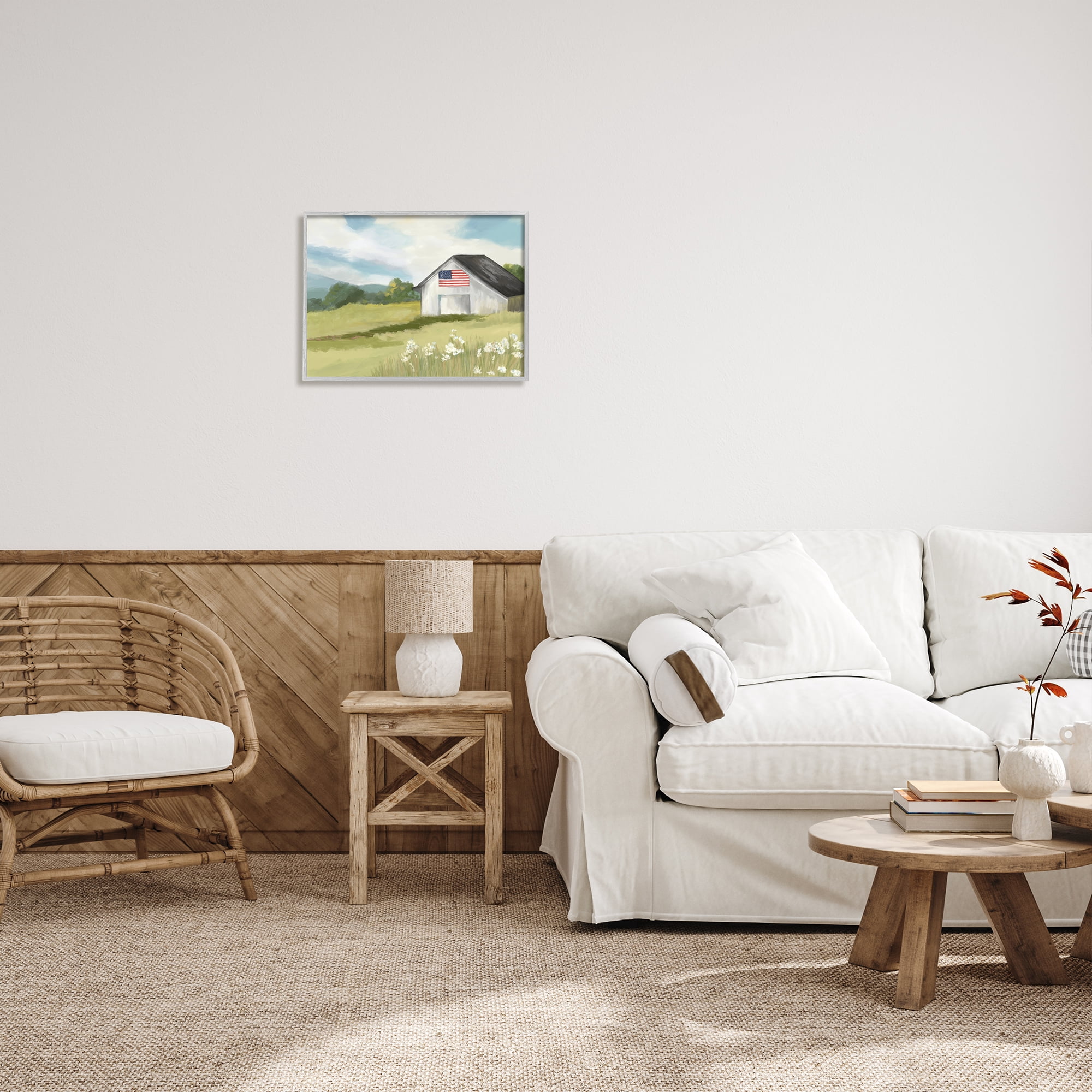 Stupell Industries American Flag on Barn Nature Painting Gray Framed Art Print Wall Art, 20 x 16