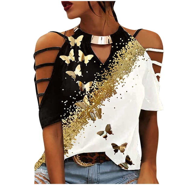 Sexy mujer Casual impreso media manga Halter collar Clod hombro pulóver blusa camiseta Tops Fridja bn1688