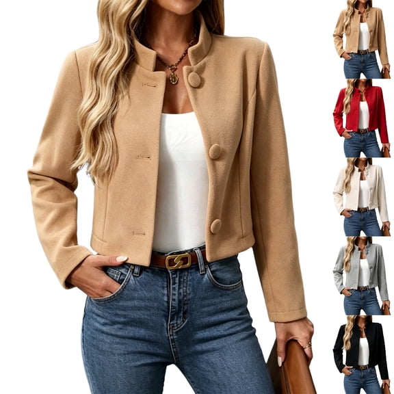 Dresfit Women's Cropped Jacket Long Sleeve Stand Collar Jackets Fall Winter Button Down Wool Coats Warm Slim Fit Dressy Retro Coat
