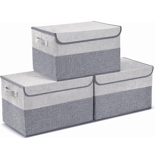 3 Piezas Caja de Almacenamiento Plegable,cajas de almacenamiento de tela con asas,cajas organizadoras con tapa Organizador para Ropa,Libros,Juguetes (Gris B)