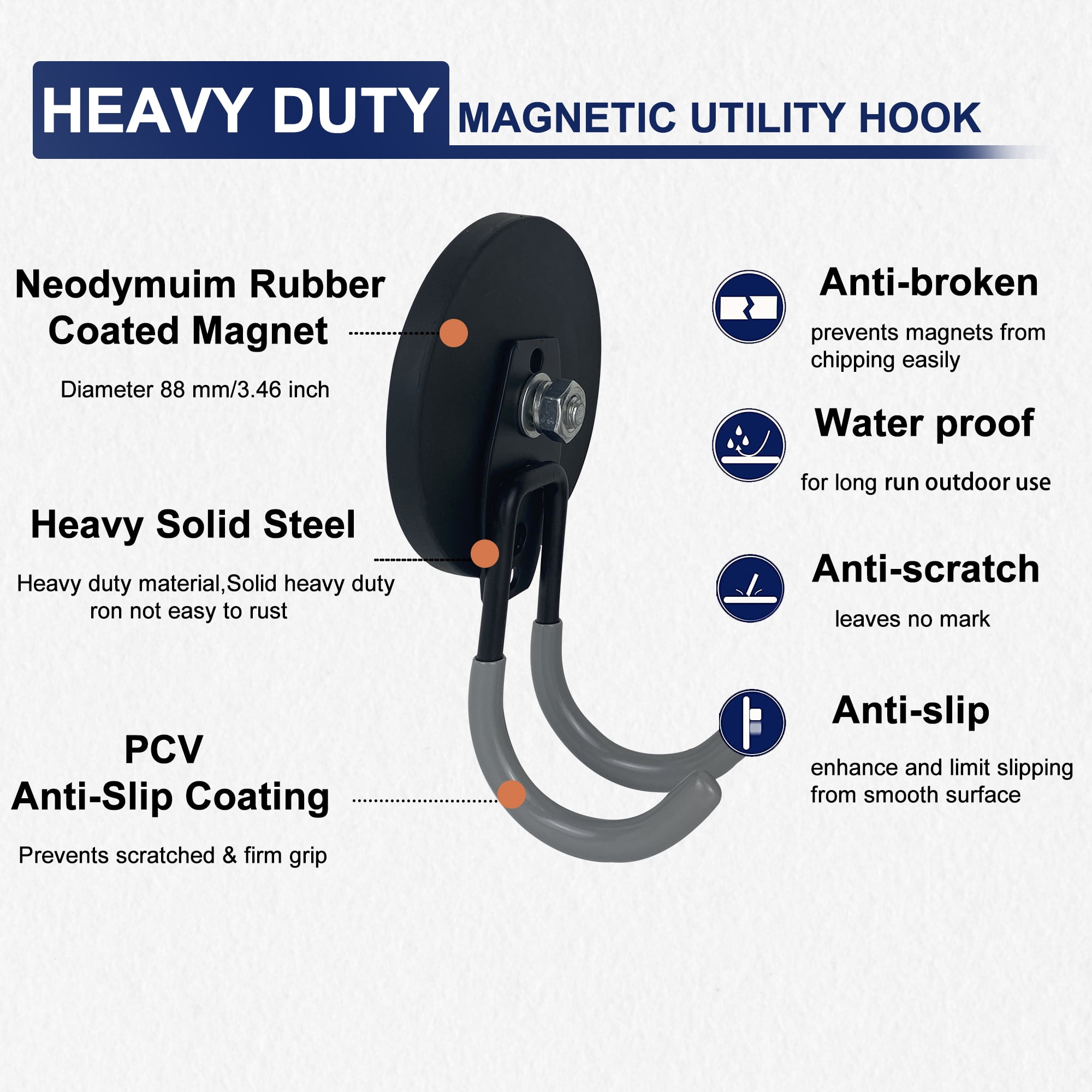 TSUYA Heavy Duty Large Garage Magnet Hooks, Strong Storage Utility Magnetic Hooks with Anti-Slip Coating for Indoor & Outdoor Hanging (D88 Base, Gray Round Hook)