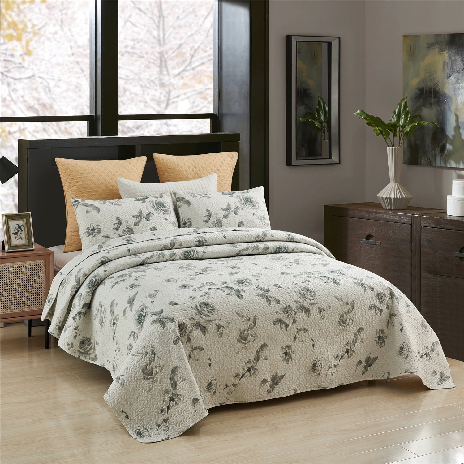 JML Quilt Set, Queen, Grey Flower, 3 Piece