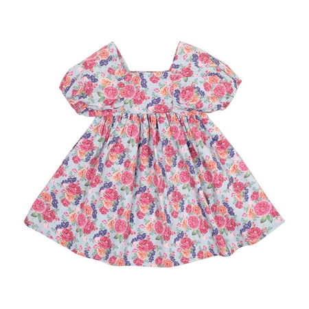 

Girls Elastic Waist Dress Puff Sleeve Summer Floral Cute Print Lace Light Skirt Soft Smocked Waist Sundress Sweet Trendy Holiday Dresses