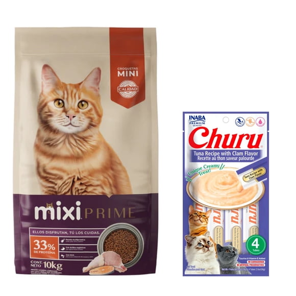 Mixi Prime 10 Kg + Churu Atún con Almeja Sobre con 4 Tubos de 14 g