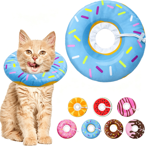XIRQI Cat Cone Collar Soft, Adjustable Cat Recovery Collar Spay Cones to Stop Licking, Cute Donut E Collar After Surgery, Anti-Lick Wound Healing Elizabethan Collars for Kittens(Donut Blue, Small)