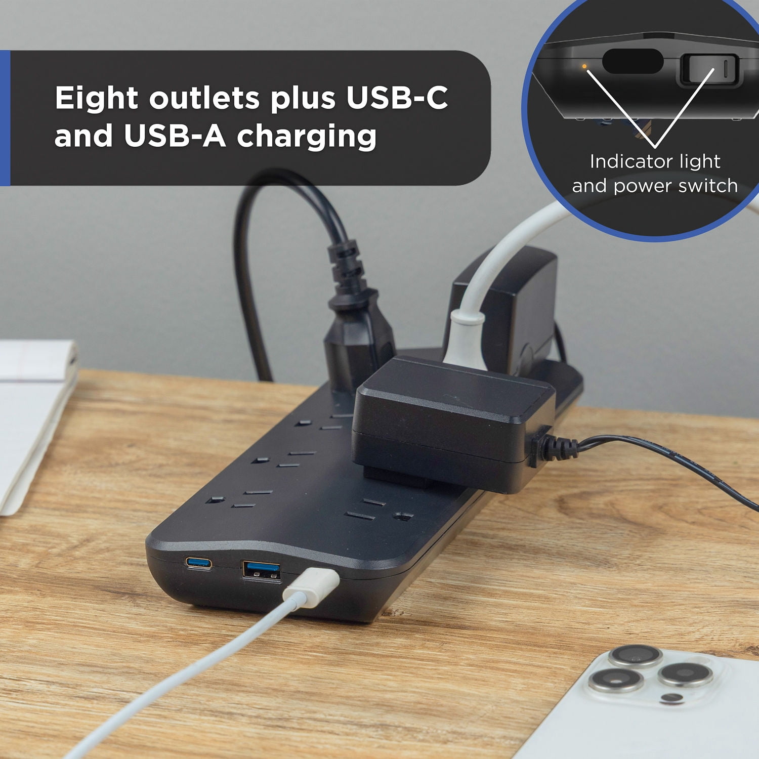 GE 8 Outlet Surge Protector Power Strip, 1 USB-A, 2 USB-C, 1500J, Braided Cord, 4ft, Black
