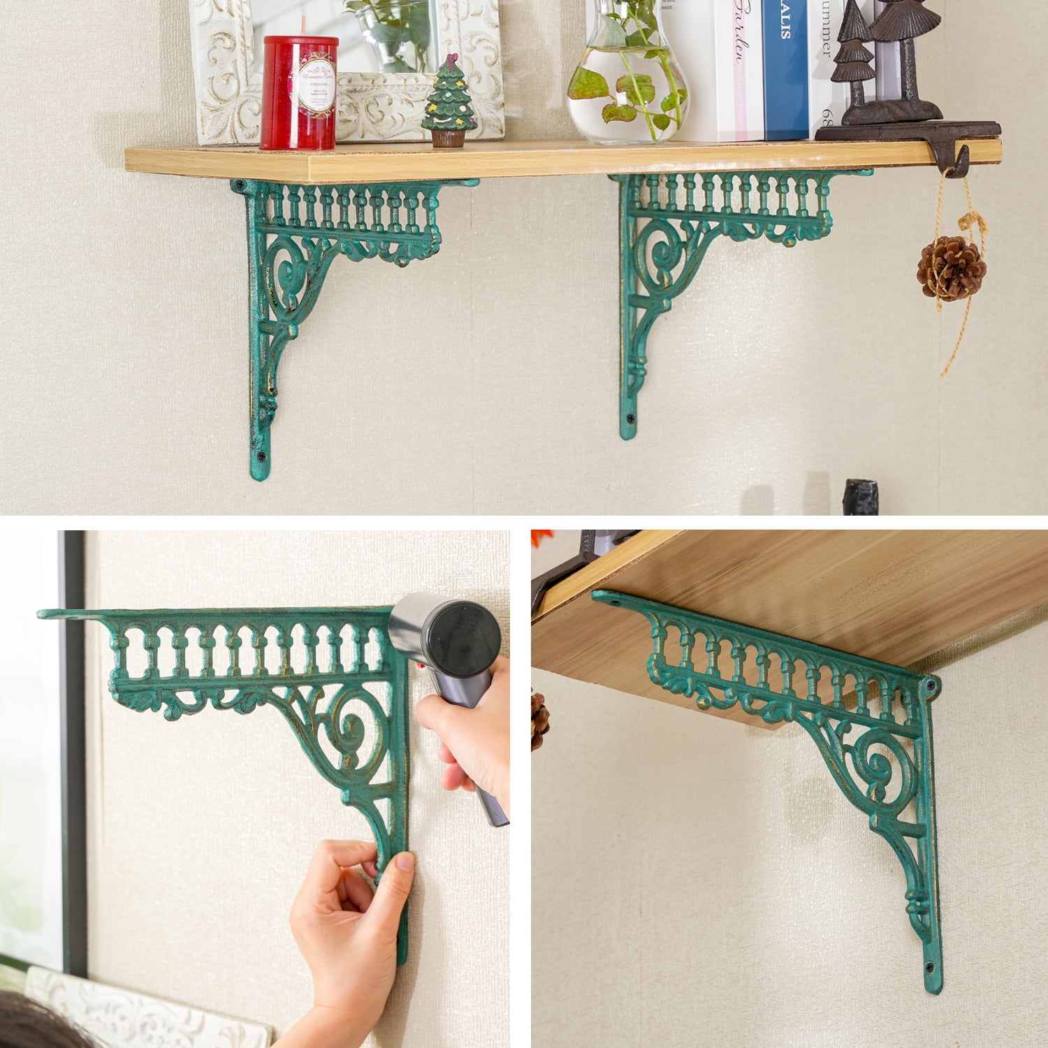 Sungmor 10.6 Inch Cast Iron Green Brackets for Shelves, 2PC Vintage Decorative Angle Support Doorway Bracket, Shelves Corbels, Wall Mounted Floating Shelf Bracket
