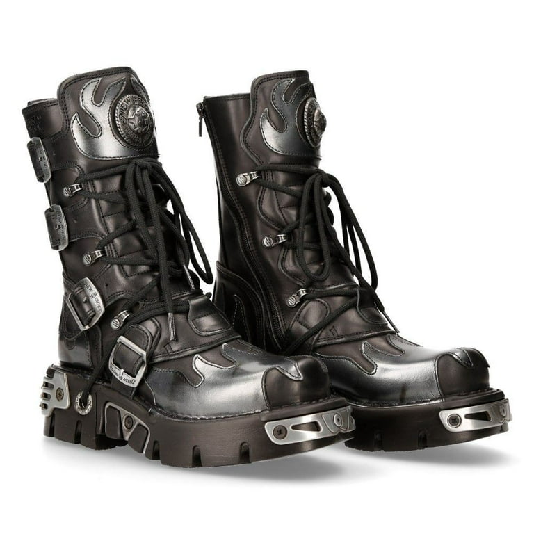【NEW ROCK】 591-S2 (26cm) New Rock 591-S2 Black/Silver Gothic Leather Flame Boots 43