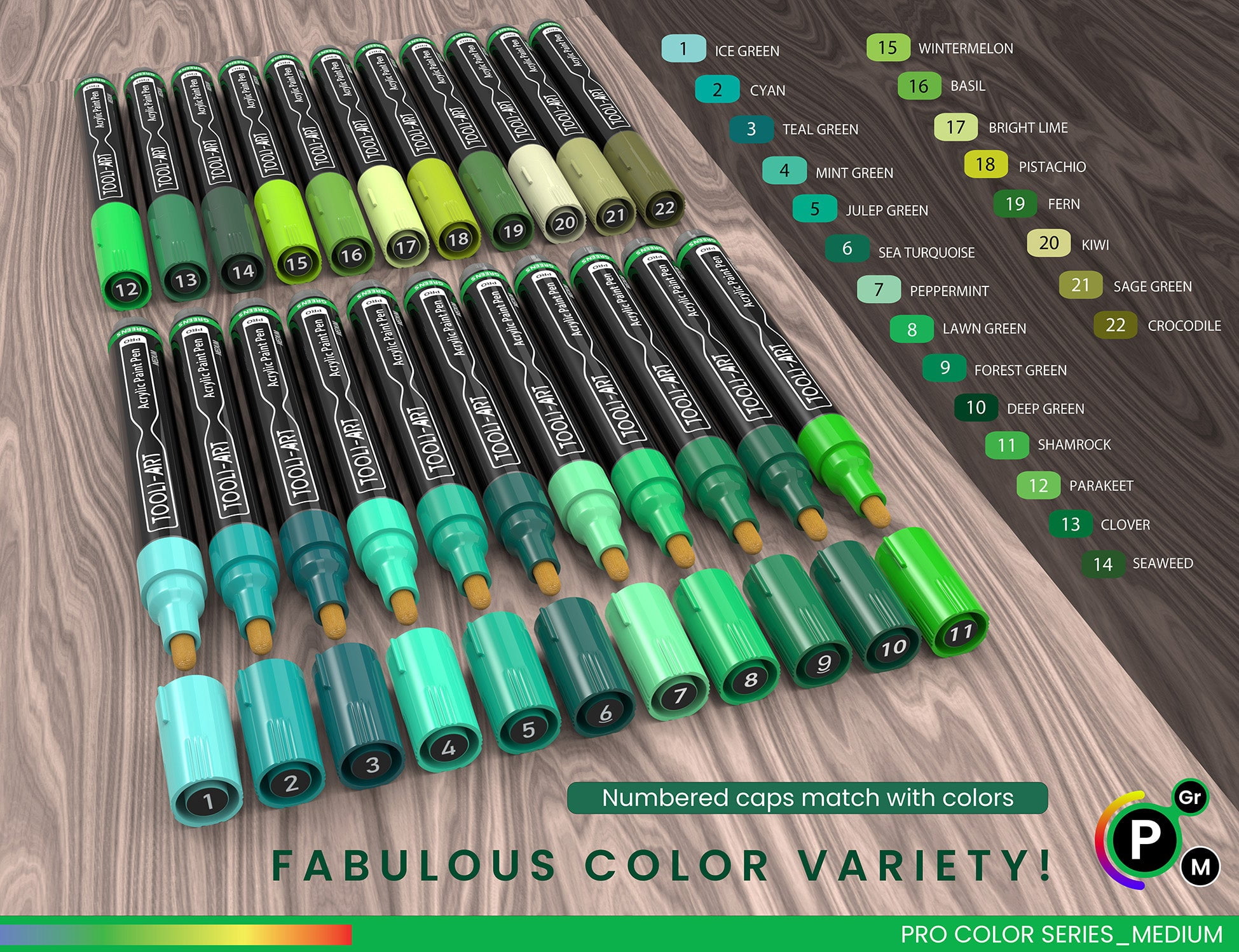 22 Acrylic Paint Pens (GREENS) Pro Color Series Set 3mm Medium