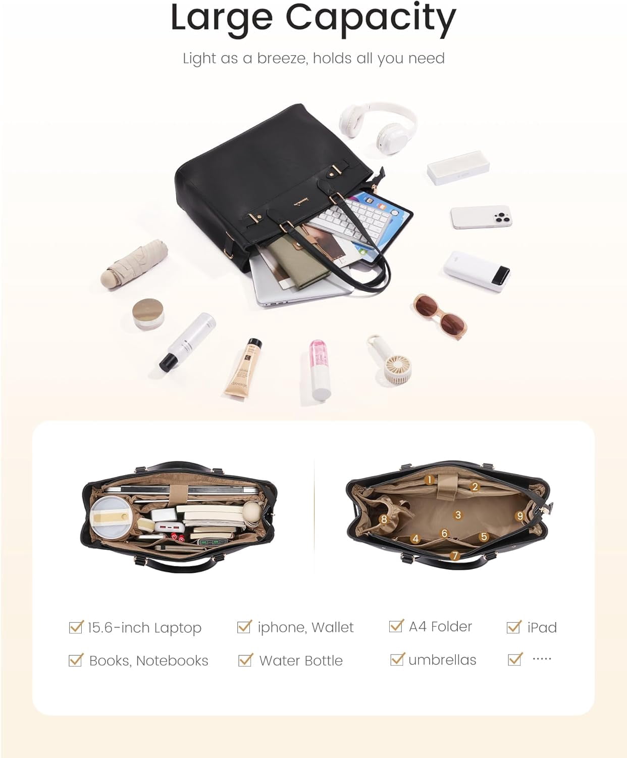LOVEVOOK Laptop Tote Bag for Women Work, Teacher Tote Bag with Large Cup Holder, 15.6 Inch Waterproof Leather Computer Bag