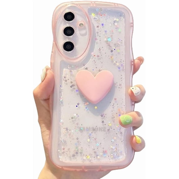Compatible with Samsung Galaxy A54 5G Cute 3D Love Heart Phone Case,Glitter Bling Clear A54 5G Case Curly Wave Frame Case Women Soft Shockproof Bumper Cover (Pink)