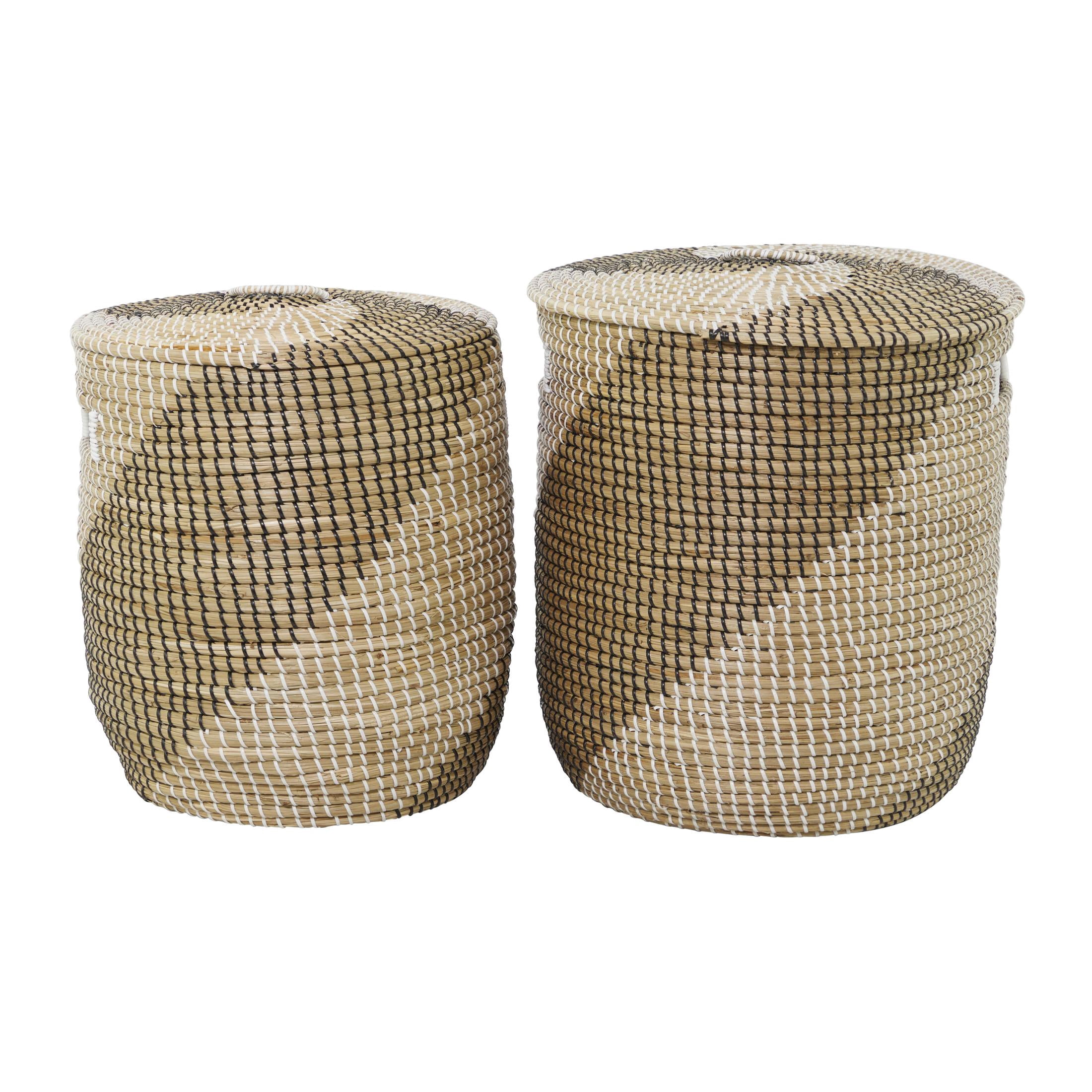 DecMode 19", 17"H Brown Seagrass Handmade Two Toned Storage Basket with Matching Lids, 2-Pieces