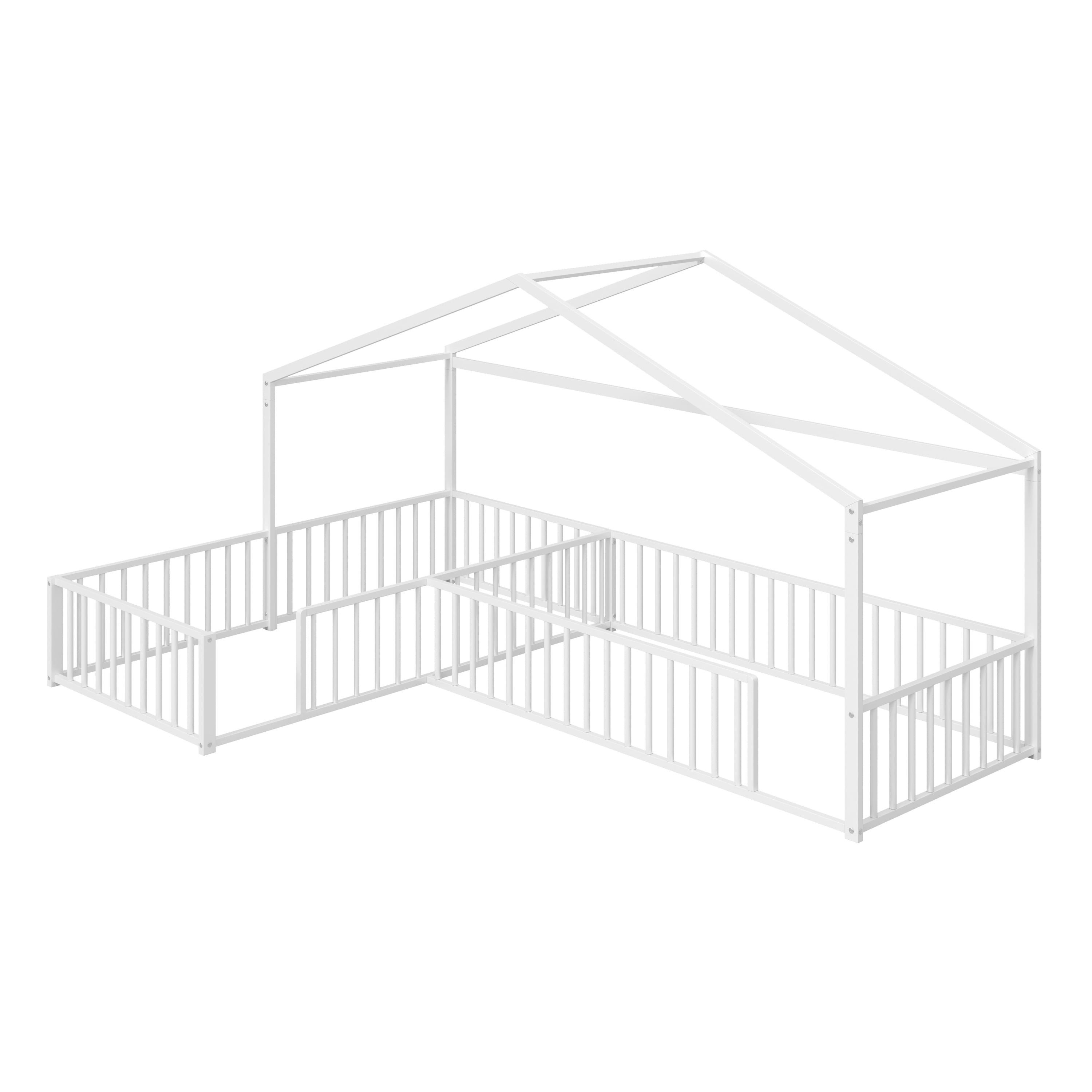 Euroco Metal L-Shaped Twin Size House Platform Bed, Double Montessori Bed with Fence, White