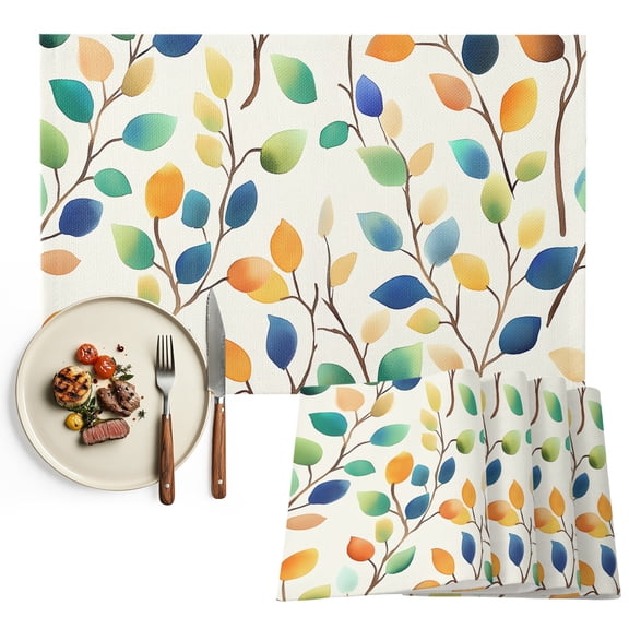 Colorful Leaf Placemats Set of 2, Spring Summer Botanical Vintage Washable Wipeable Table Mats for Dining Tables, Indoor Outdoor Kitchen Place Mats for Holiday Party Table Decor