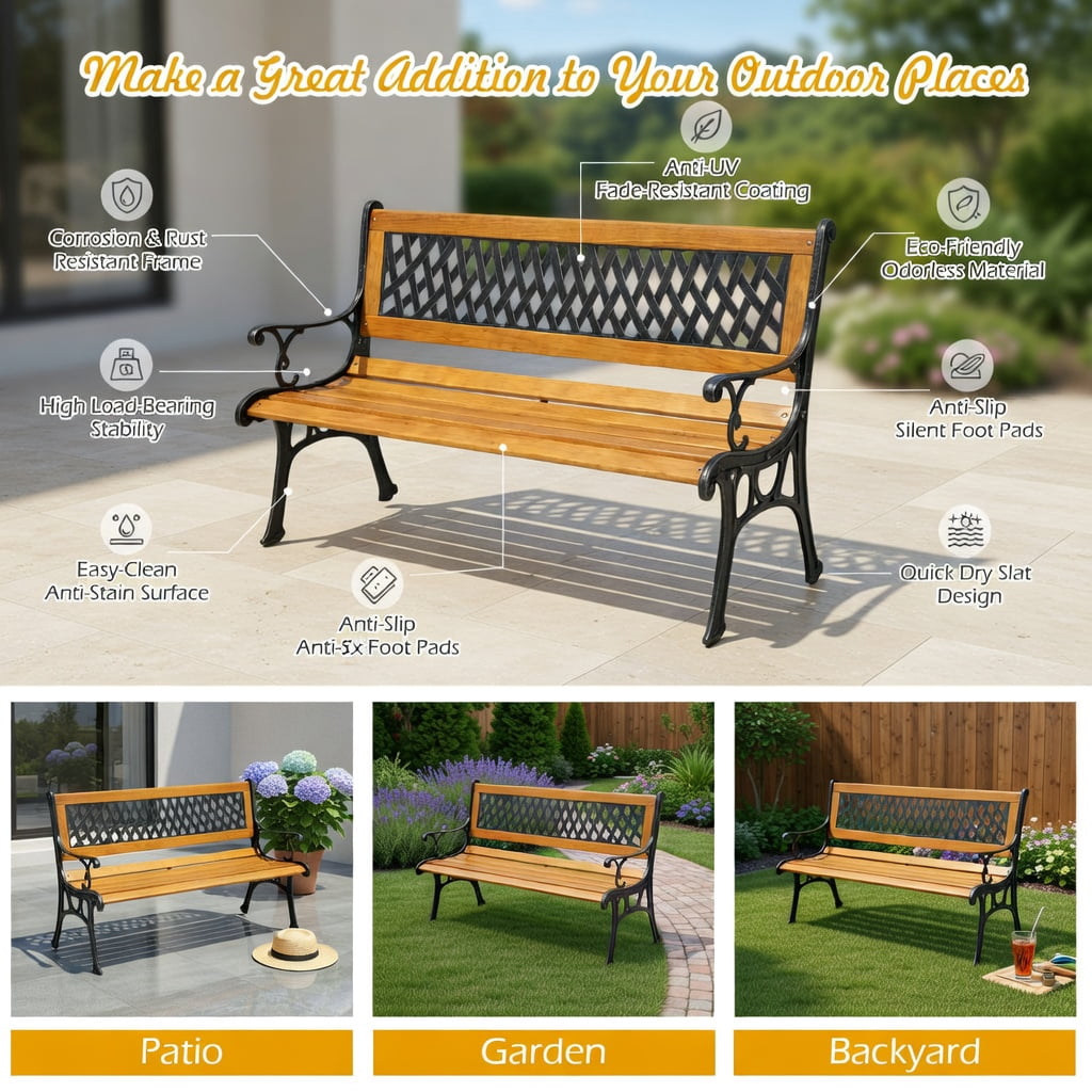 Hommoo Heavy-Duty Cast Iron Outdoor Patio Bench with Solid Wood Seat, Black + Natural