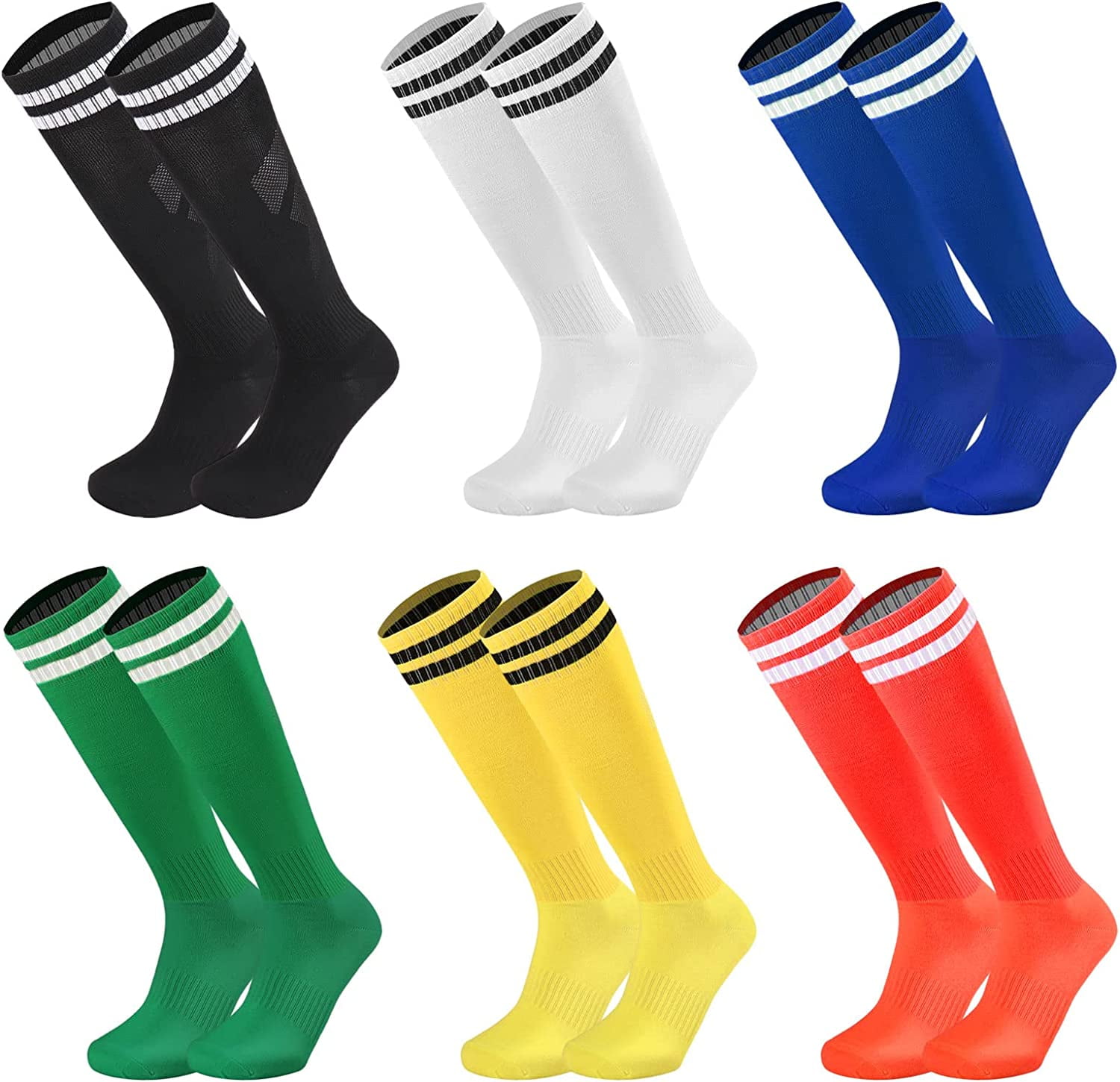 6 Pairs Kids Youth Soccer Socks Solid Striped Knee High Tube Football