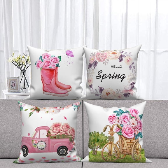 Summer Pink Floral Throw Pillow Covers 18x18 Set of 4,Farmhouse Flower Decorative Pillow Cases for Bedroom Sofa Couch