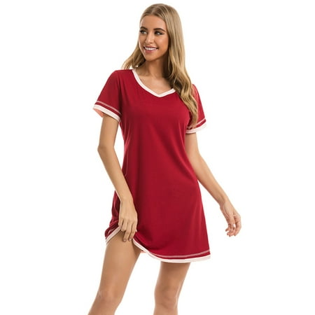 

Womens Upgrade Summer Sleepshirts Short Sleeve Above Knee Length Nightgown Soft Sleeping Loungewear Nightshirts Round Neck Loose Comfy Pajamas Dress Cotton Sleepwear S-2XL Red