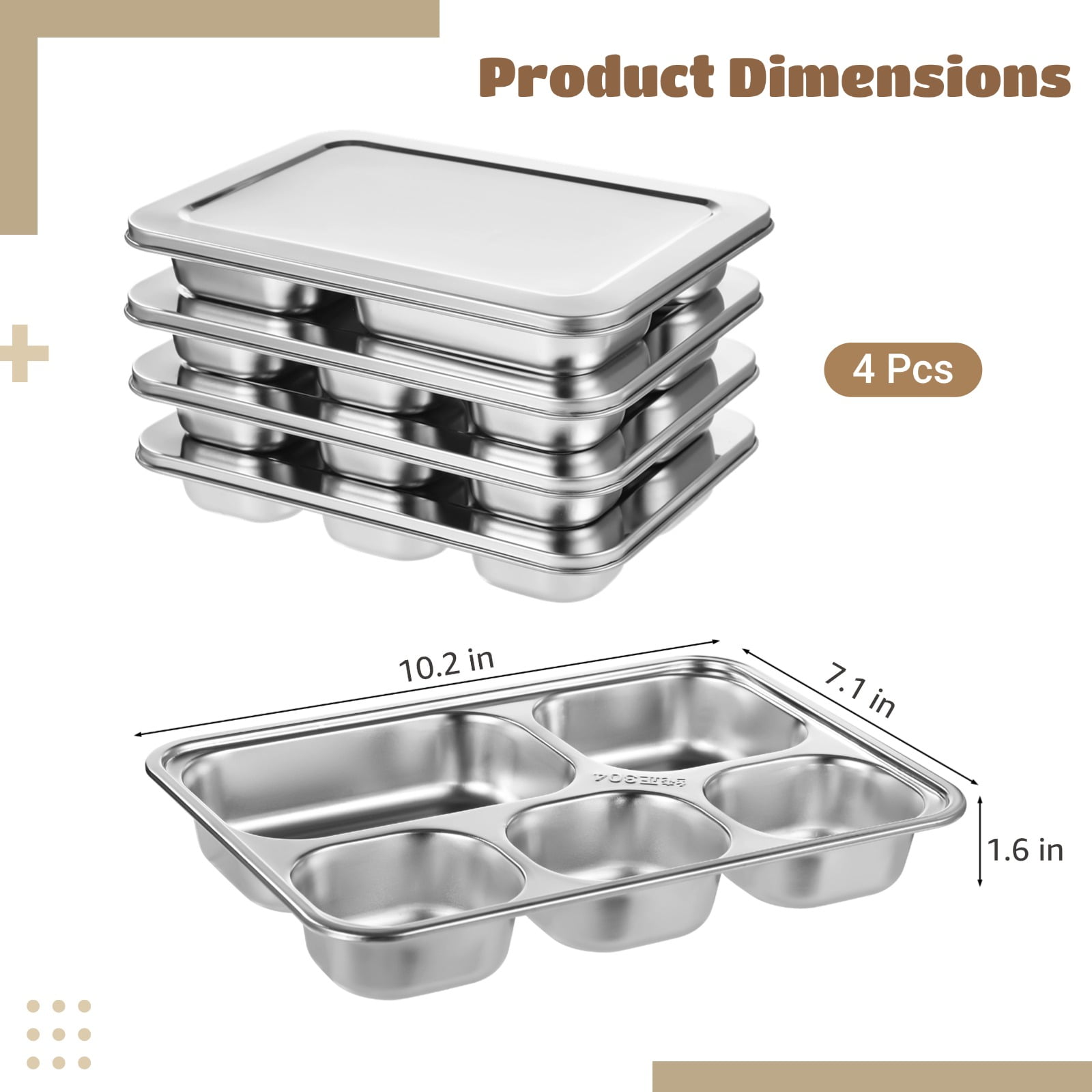 4 Pcs Stainless Steel Snack Containers, 5-Compartment Bento Boxes with Lids, Metal Lunch Trays for Adults & Little Ones, Reusable Meal Prep Lunch Containers for Work, Camp, Travel