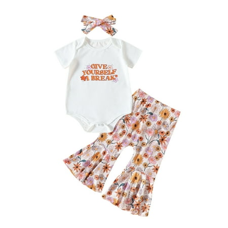 

GWAABD Toddler Baby Girl Outfit White Cotton Blend Girls Short Sleeve Romper Bodysuit Floral Prints Bell Bottoms Pants Headbands Outfits 90