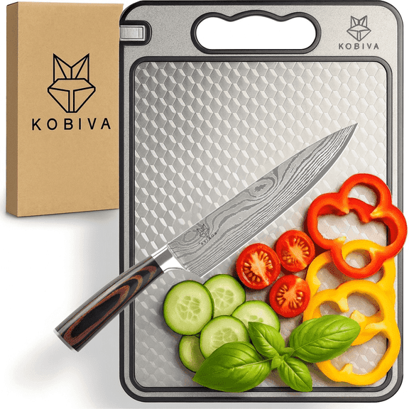 304 Stainless Steel Cutting Board with Built-In Knife Sharpener & Garlic Grinder | Scratch-Resistant Mesh Design, Double-Sided Chopping Board, Dishwasher Safe | Non-Slip, Non-Toxic, Food Grade 14.5"