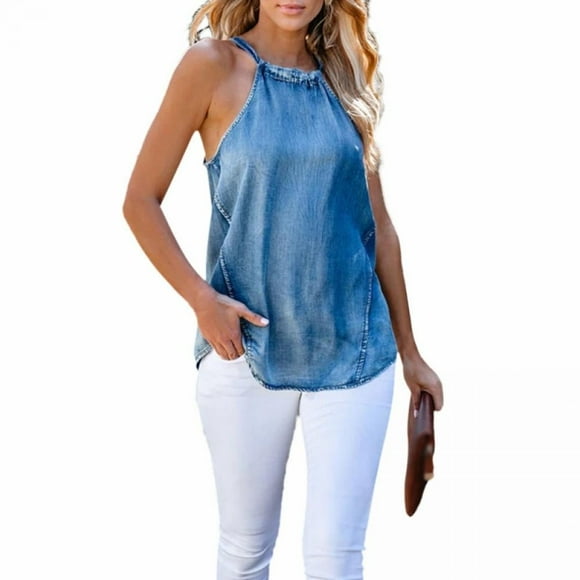 MesaSe Womens Sexy Sleeveless Denim Tank Tops High Neck Halter Cami Shirts Casual Loose Tunic Blouse