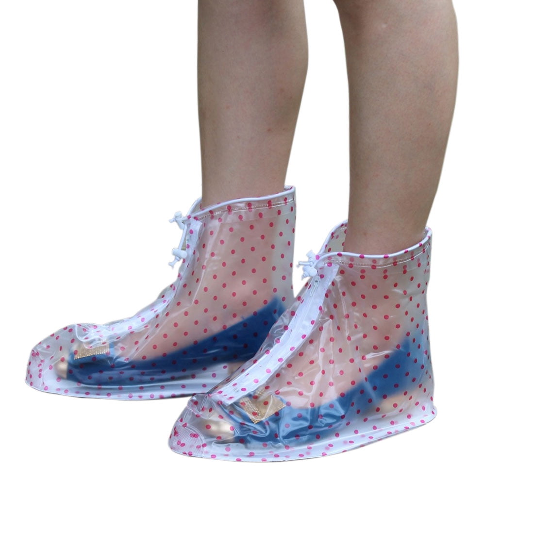 Pair Clear Pink Size XL Dots Pattern Nonslip Reusable Rain Shoes Cover Overshoes by Unique-Bargains