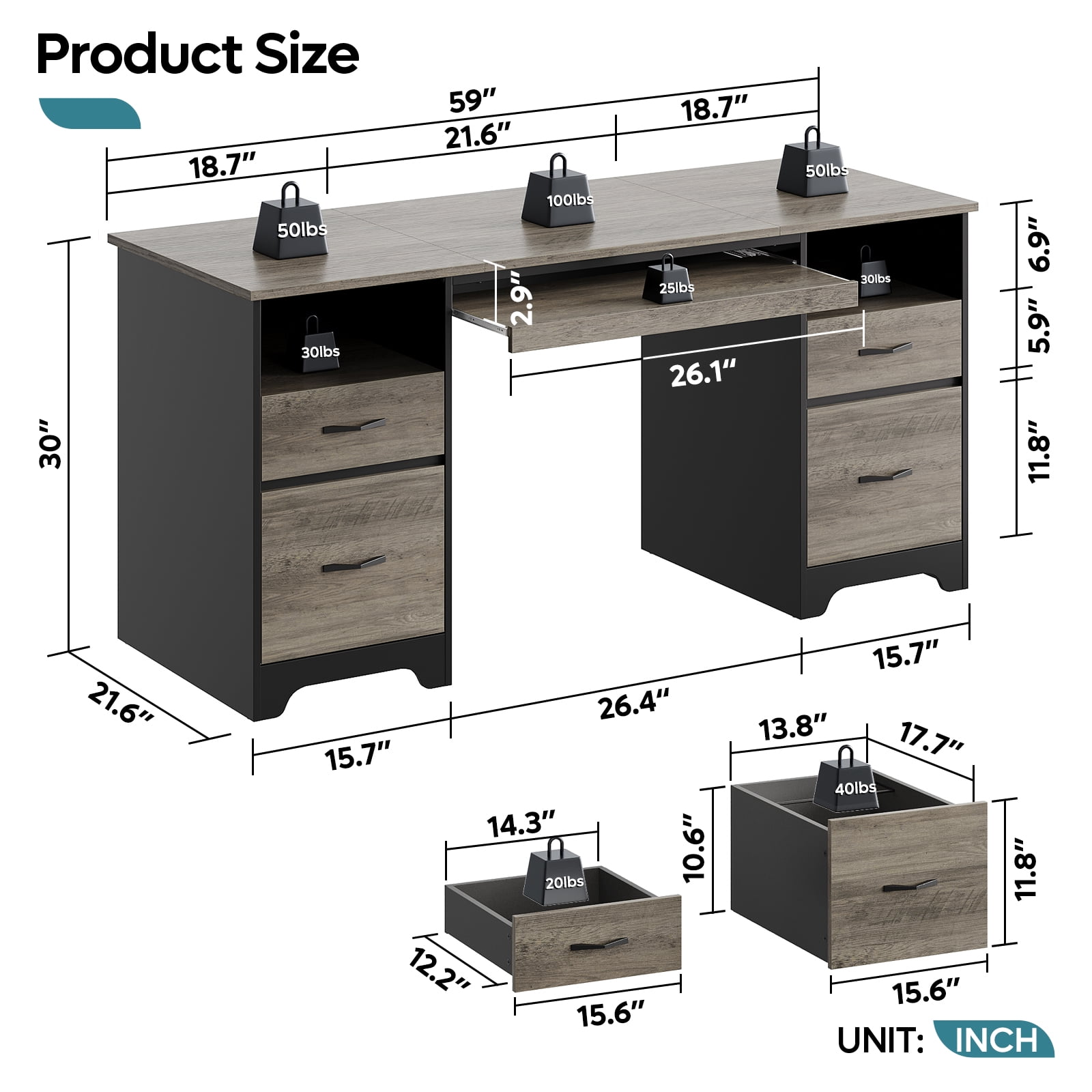 Bestier 59” Computer Desk with 4 Drawers, Office Executive Desk with File Drawer, Keyboard Tray for Home Office, Gray