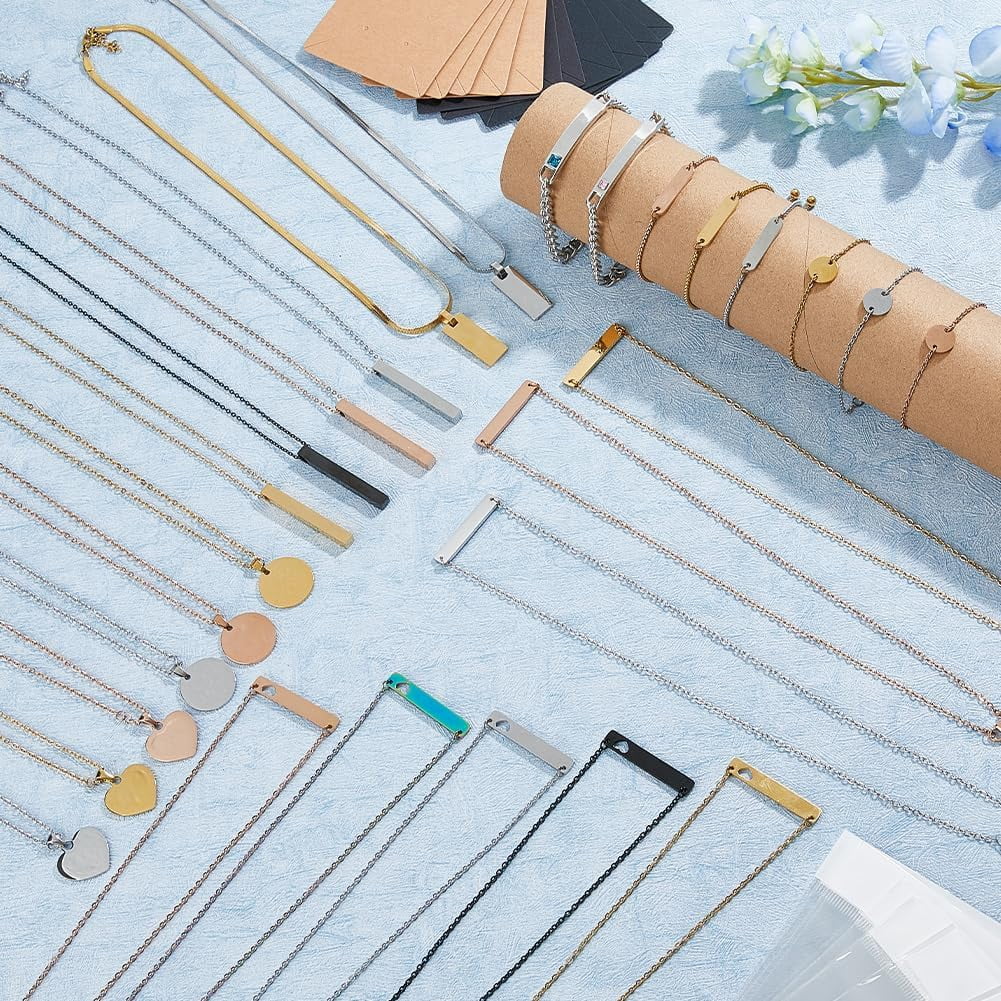 184Pcs Jewelry Making Engraving Accessories 304 Stainless Steel Laser Engraving Materials Engraved Motivational Charms Including Blank Necklaces Bracelets Keychains Rings for DIY