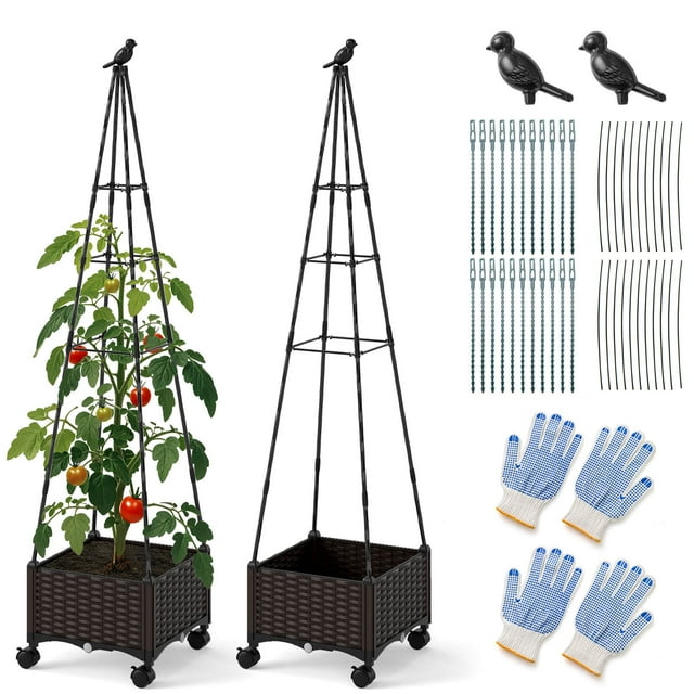 Costway 2 PCS Raised Garden Bed with Plant Box & Obelisk Trellis Lockable Wheels Cage Planter