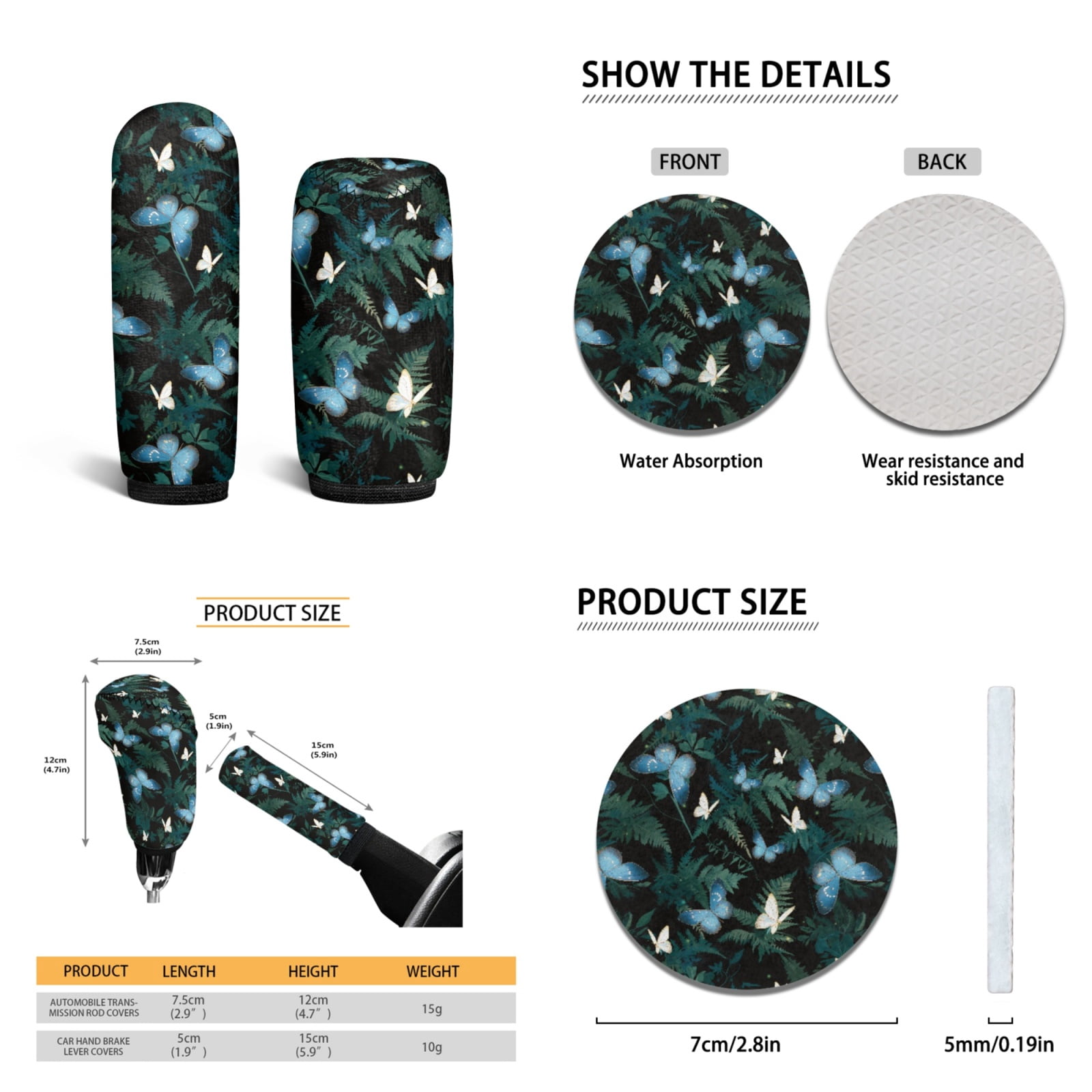 Yuyamidu Blue Butterfly Car Seat Cover Full Set Green Leaves Car Floor Mats Steering Wheel Cover Seatbelt Pad Gear Shift Knob Cover Cup Coaster Auto Interior Accessories Set of 15