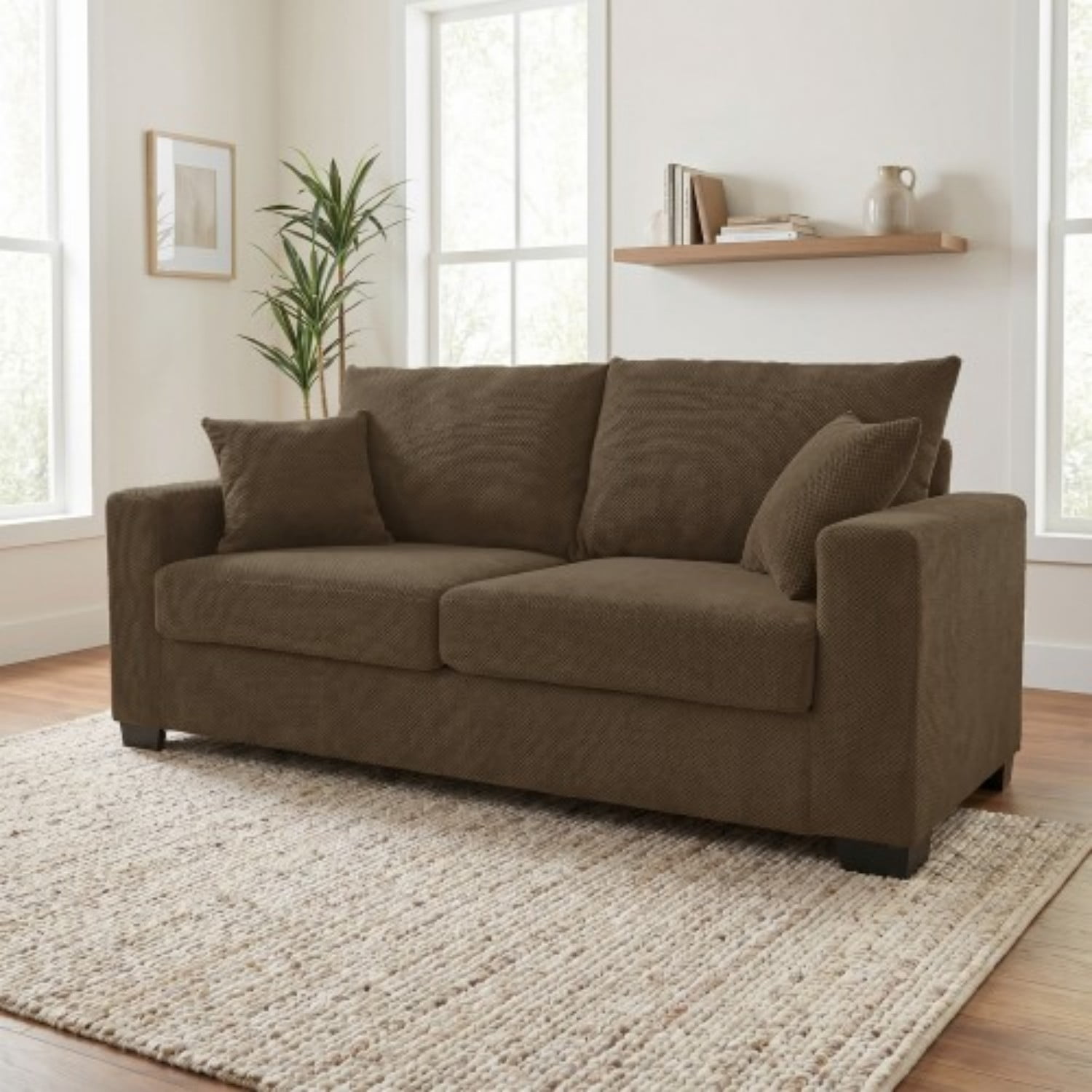 69" Two Seater Sofa Couch Upholstered Textured Fabric Loveseat with 2 Throw Pillows for Living Room Apartment Office, Coffee