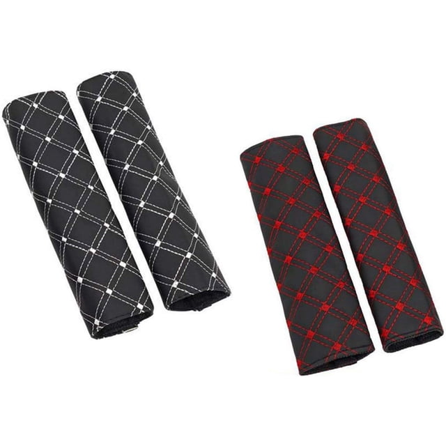 2 hombreras para cinturón de seguridad de coche: cuero negro línea roja + cuero negro línea blanca