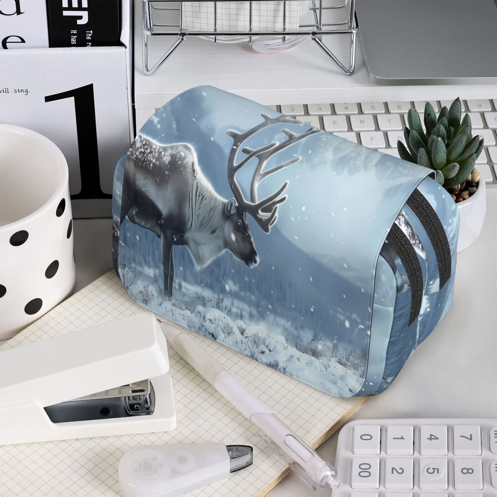 Rateoe Winter Reindeer In Snowy Mountains Pattern Double Clamshell Pen Case, Storage Organizer with Two Zipper Compartments– Holds Up to 50 Pencils & Pens