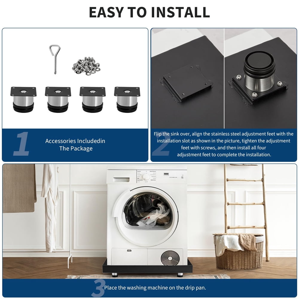 Carbon Steel Washing Machine Pan with 4 Anti-Vibration Feet, Rust-Free Water Damage Protection, Easy Install, Protects Floor From Water Damage Protection