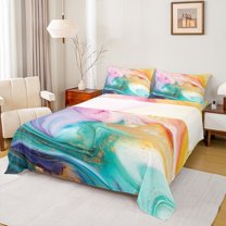 Feelyou Luxury Abstract Ombre Twin Sheet Sets, Modern Art Stripes Twin Fitted Sheet, Chic Marbling Stripes Flat Sheet, Ultra Soft Bedroom Decor, 3-Piece
