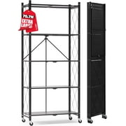 70.7 Inch H Metal Storage Shelves, 5 Tier Folding Shelf on Wheels, Heavy Duty, No Assembly Required, Rolling Collapsible Rack Unit for Kitchen, Basement, Pantry, Black, 1 Pack