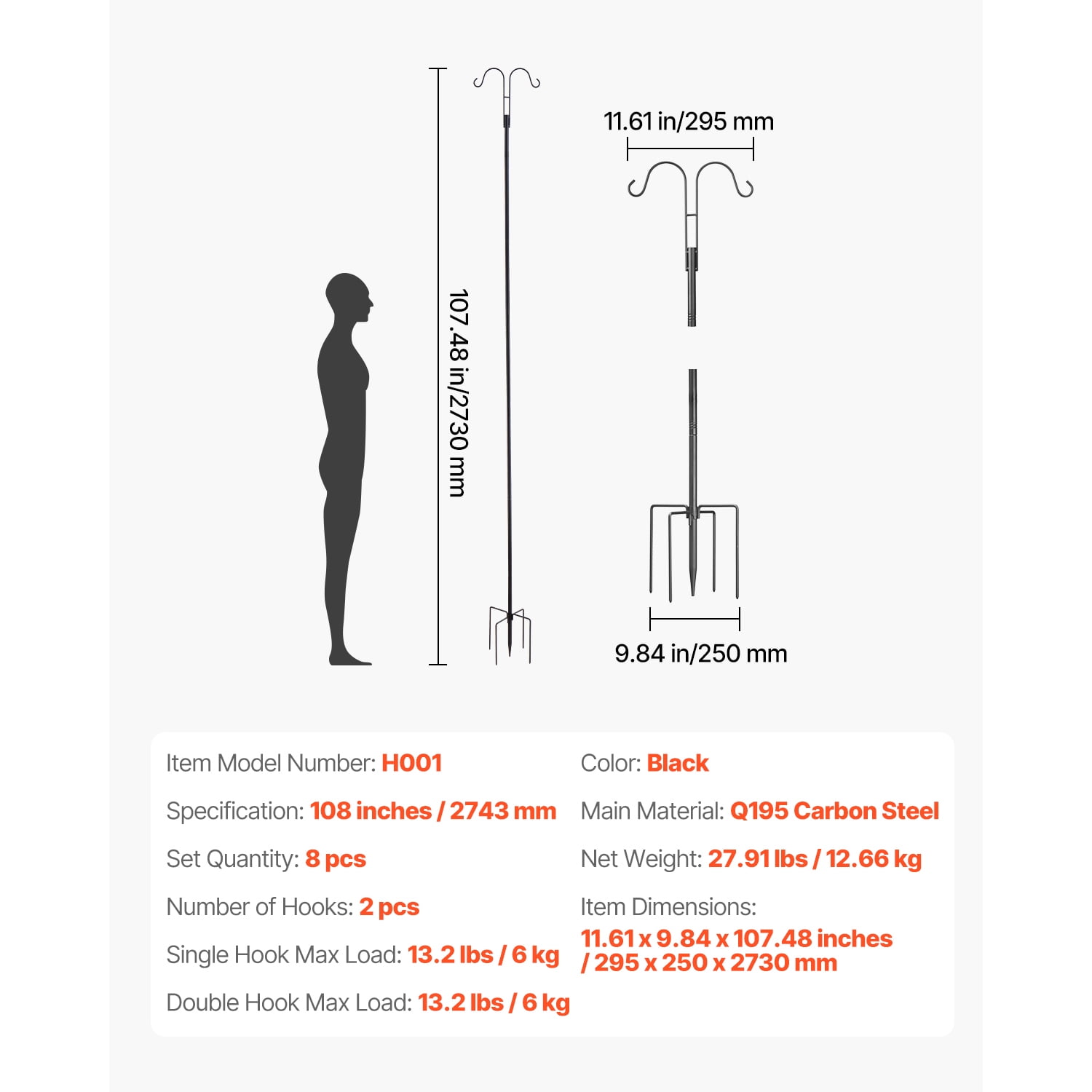 KFFKFF Set of 8 Tall Shepherd Hooks for Outdoor Use, 108-Inch Sturdy Poles for Bird Feeders, 3/4-Inch Thick Garden Hooks Ideal for Hanging Plant Baskets, Solar Lanterns, Wind Chimes