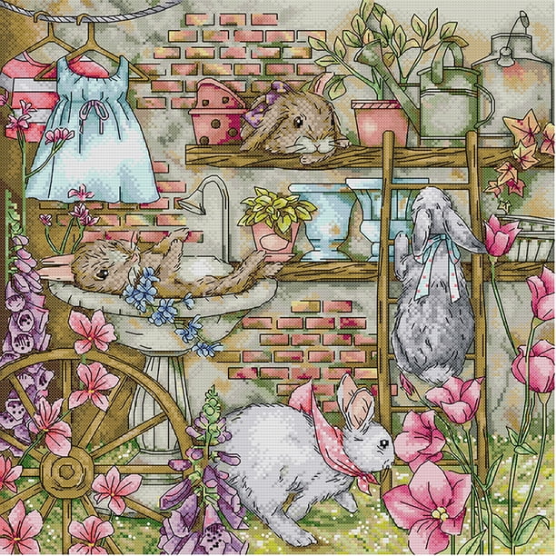 Kit Punto Cruz Con Conejo Hilo Algodón Ecológico Bordado 14CT Artesanal