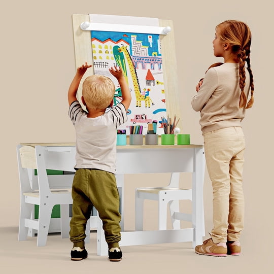 Aiho 3 in 1 Kid Table & Chair Set, Child Activity Table, Kids Table Set Painting with Cabinet for Daycare, Classroom, Home - Natural