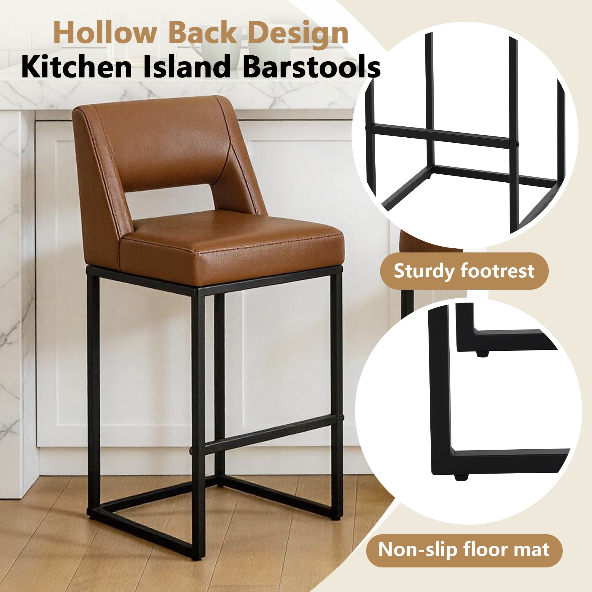 ClinQ Counter Height Bar Stools Set of 2, Hollow Back Kitchen Island Barstools, Upholstered Faux Leather Counter Stools with Metal Frame, Brown