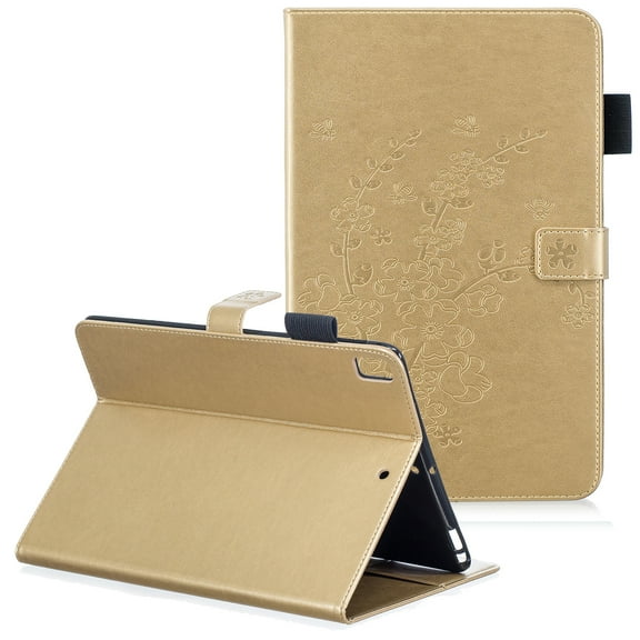 iPad 9.7 Case 2018/2017, iPad Air 1 2 Case, Allytech Retro PU Leather Embossed Flower Slim Protective Folio Stand Cards Holder Wallet Cover for Apple iPad 9.7" 6th/5th Gen, iPad Air 1 2, Gold