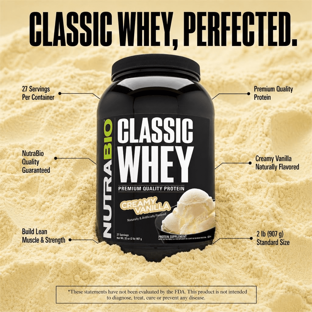 NutraBio Classic Whey Protein Powder- 25G of Protein Per Scoop - Full-Spectrum Amino Acid Profile - No Fillers, Artificial Colors, Preservatives - Low Glycemic Index - Creamy Vanilla, 2 Pounds