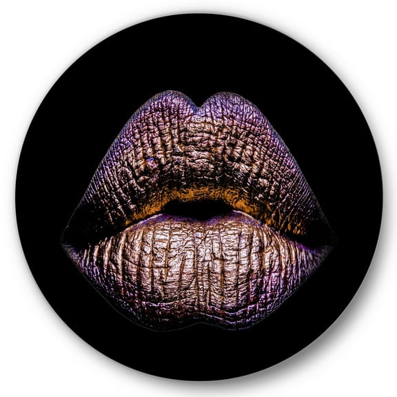 Designart 'Sexy Golden Metallized Woman Lips V' Modern Circle Metal Wall Art 36x36 - Disc of 36