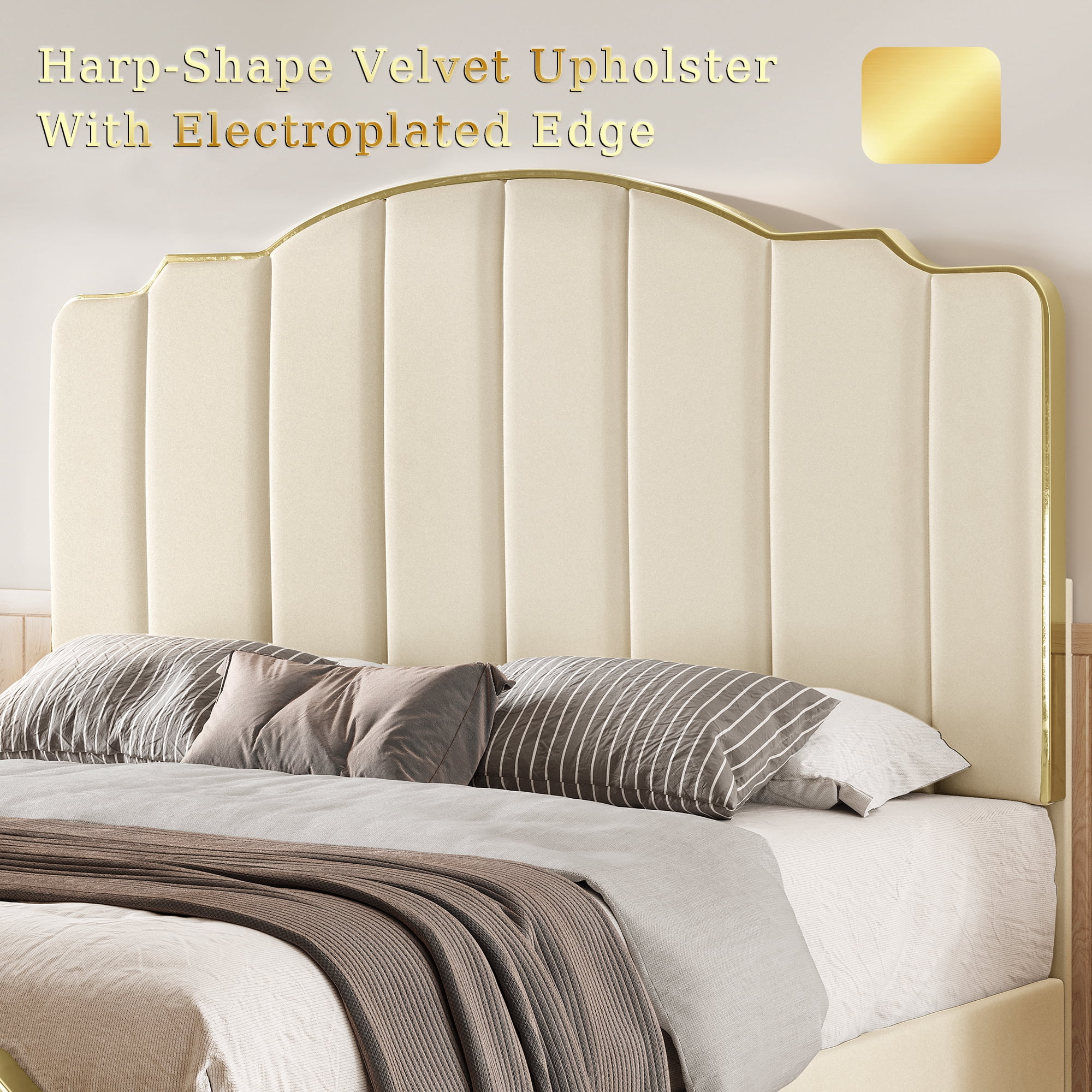 Dextrus Queen Luxurious Velvet Upholstery, Tall Headboard Bed Frame,No Box Spring Required - Gray